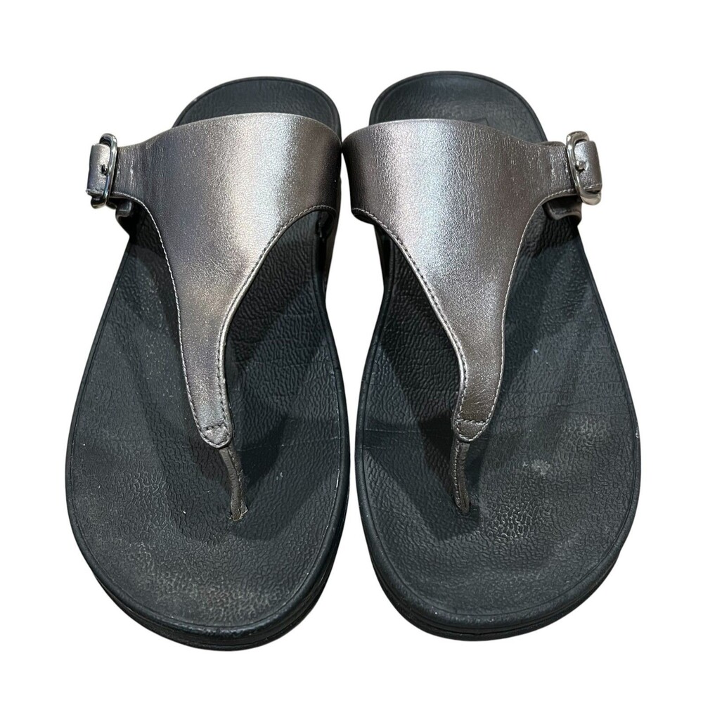 FitFlop Lulu Buckle Bronze Leather Platform Comfort Toe-Post Sandals  US 8